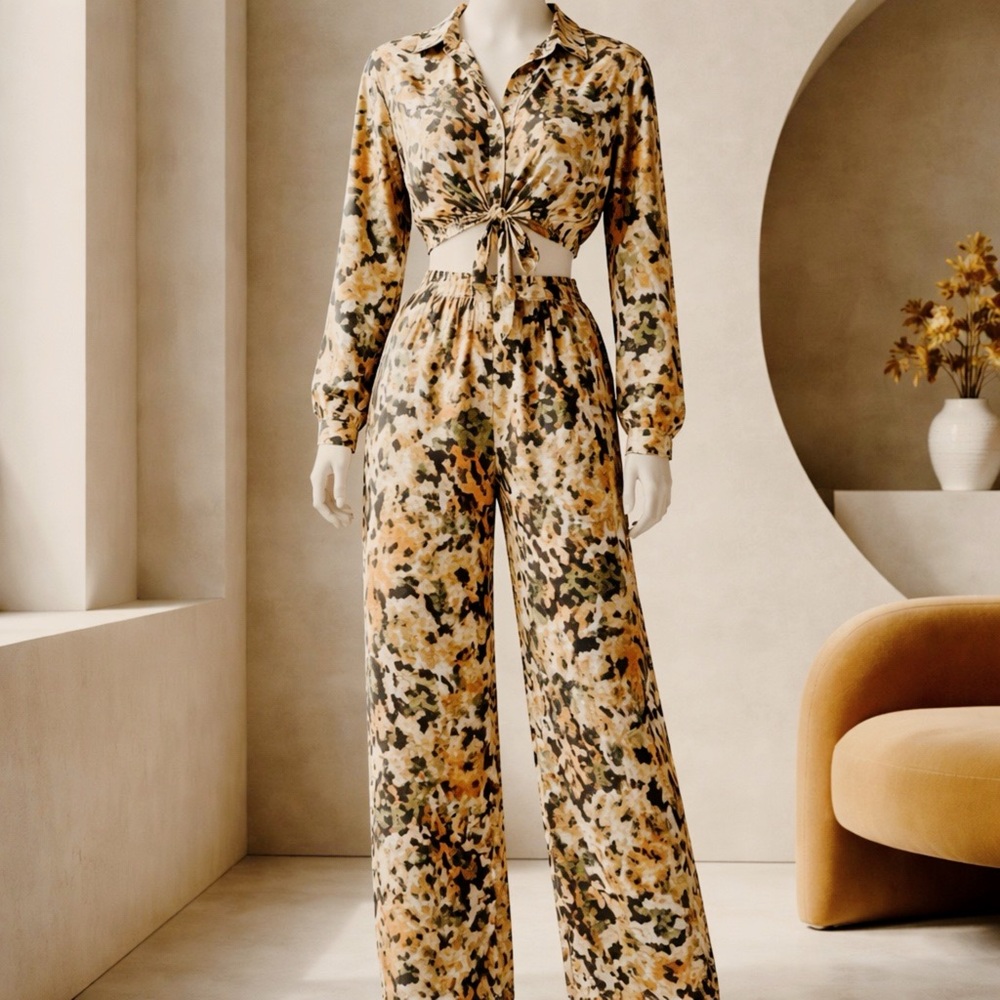 AKIRA Multi-Color Floral Tie-Front Wide-Leg 2 Piece Set